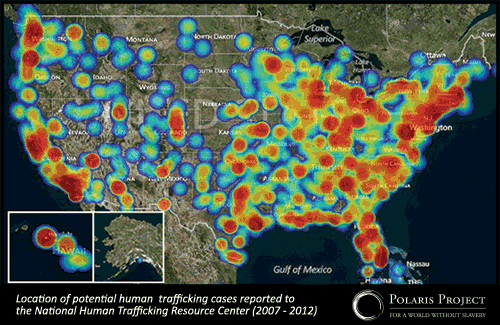 2016 Distribution of potential human trafficking cases throughout the United States. Locations are clustered around Washington, D.C. and Northern Virginia. Image courtesy of Polaris
