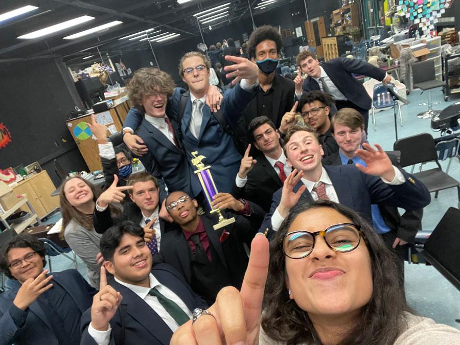 Jazz band members celebrate after their first place performance.