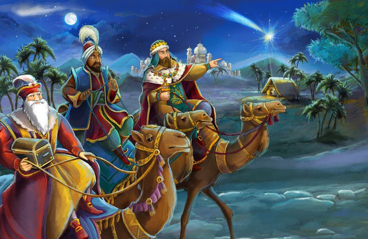 Illustration of the Three Wise Men with their camels
