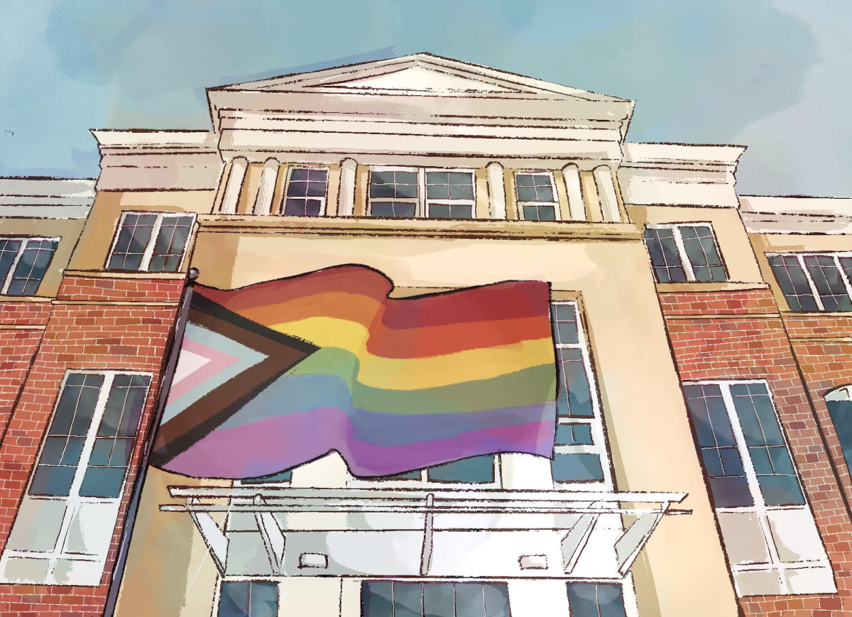 An illustration of a LGBTQ+ pride flag flying outside of ACHS.
