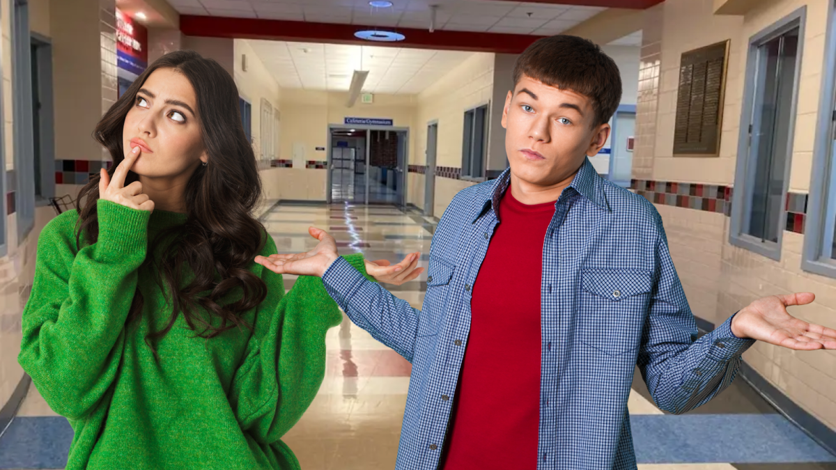 A digitally altered image of two people shrugging in the ACHS hallway.