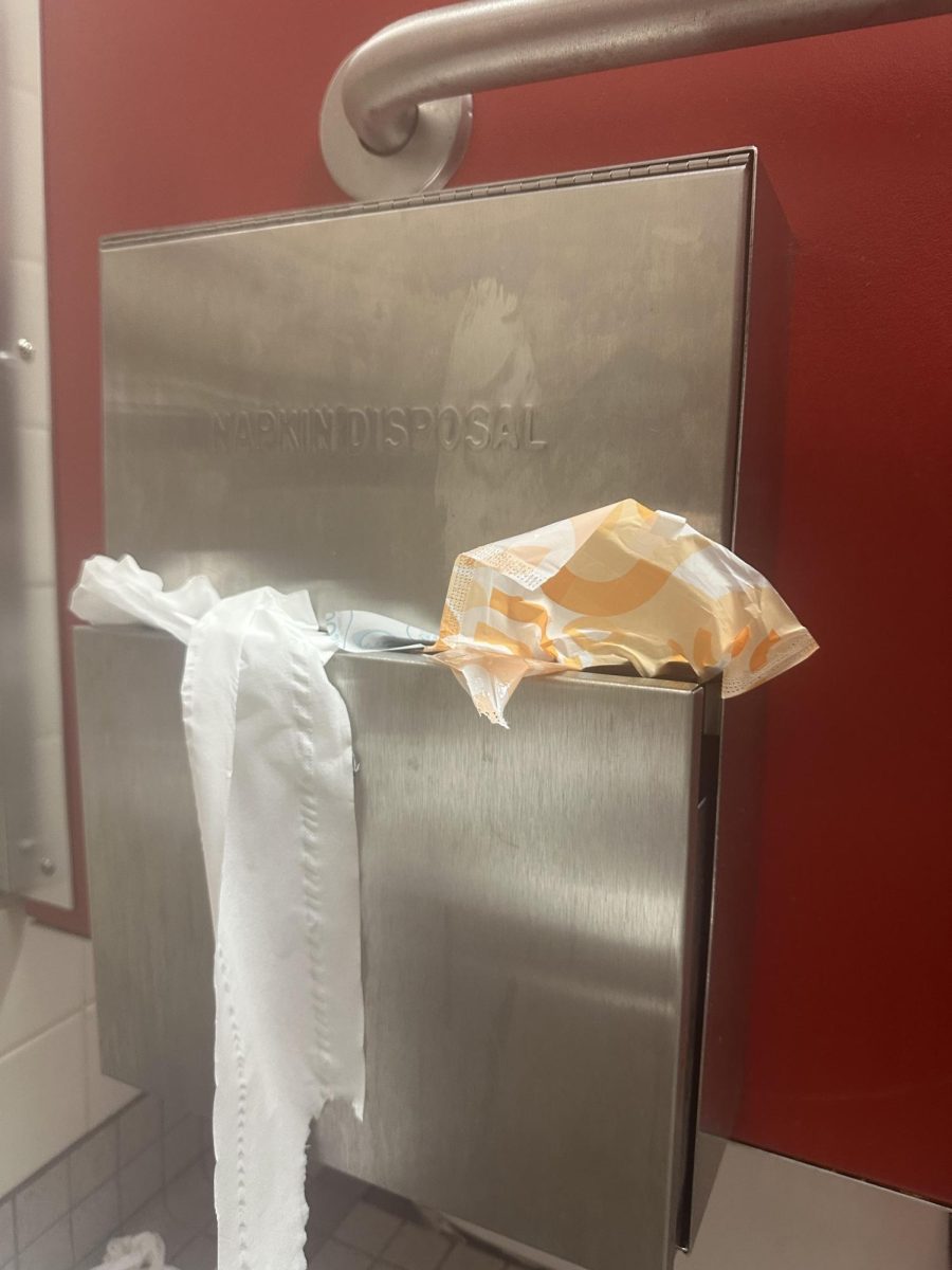 Toilet paper and a hamburger wrapper found in a bathroom stall.