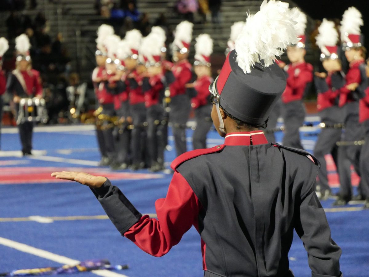 Marching band poses during halftime show. 