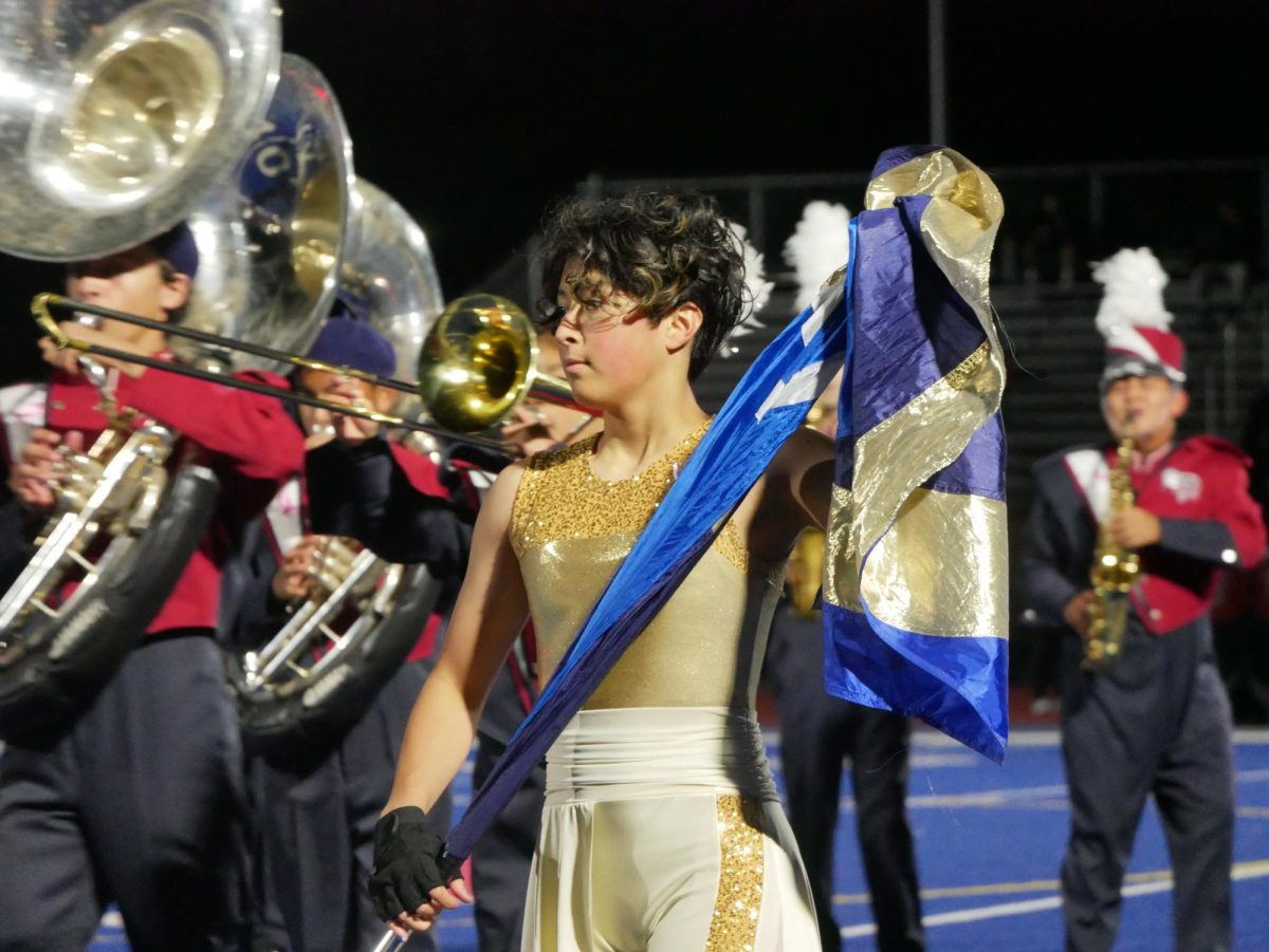 Color guard member Taylor Marfori holds his flag during halftime performance.