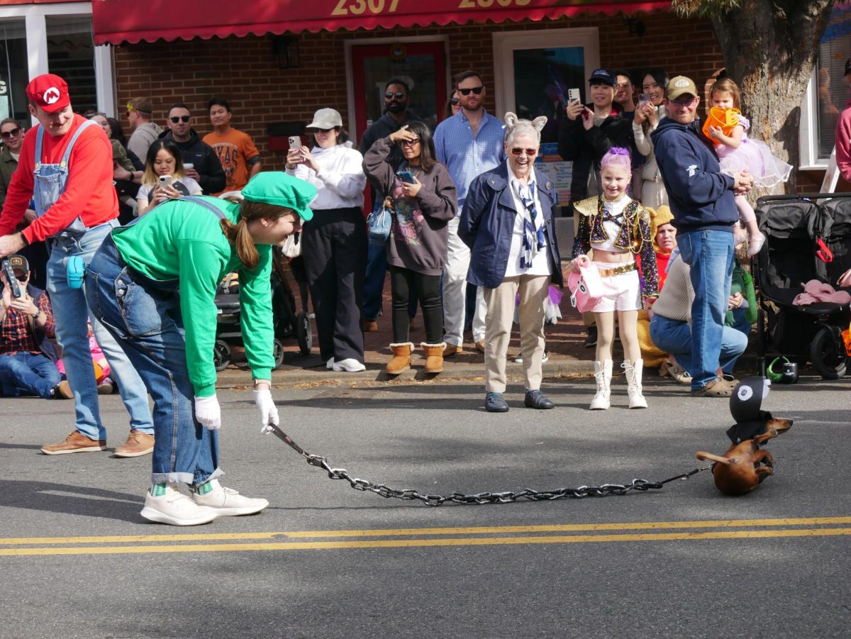 A contestant for the pet costume contest dressed as Luigi plays with her dog in a Chain Chomp costume