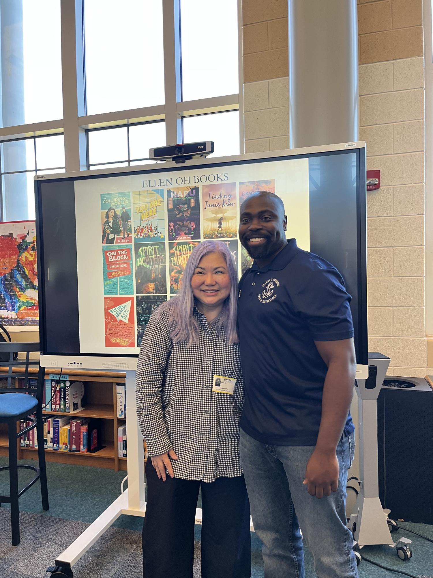Hammond Middle School Librarian Khris Hutson led the conversation with Ellen Oh. Afterwards, Oh took photos and signed books.