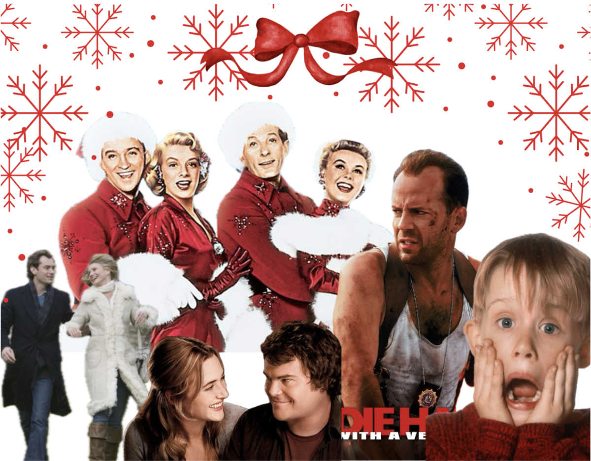 From sweet sappy movies, to daring danger films, holiday cheer is front and center in these four holiday flicks. / Graphic by Cecelia Garwood, images courtesy of The Walt Disney Company, 20th Century Studios, Sony Pictures, and Paramount Pictures.