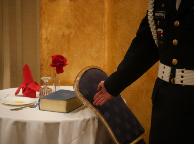 The opening ceremony includes honoring the fallen comrades with a toast. "A slice of lemon on the plate reminds us of their bitter fate. The salt sprinkled on the plate reminds us of the countless fallen tears of families as they wait. The glass inverted – they cannot toast with us this night," the cadets said in unison. Lastly, the chair leaning against the table symbolizes the soldiers no longer able to sit at a table. 