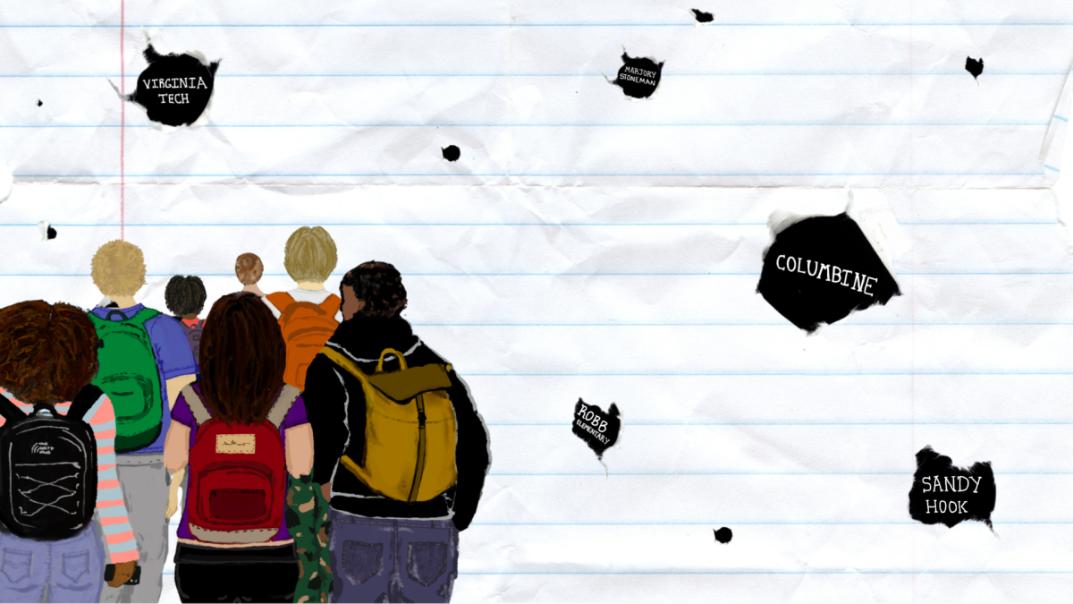 Students pledge allegiance to the flag every day, yet acknowledging the flag means acknowledging the country as a whole — and this country has a gun violence problem. When it comes to ACHS, students look past the implications of the school’s violence. In this image, students walk among the gaps left by victims of school shootings, representing the idea that students do not believe gun violence can reach the ACHS student body. 
