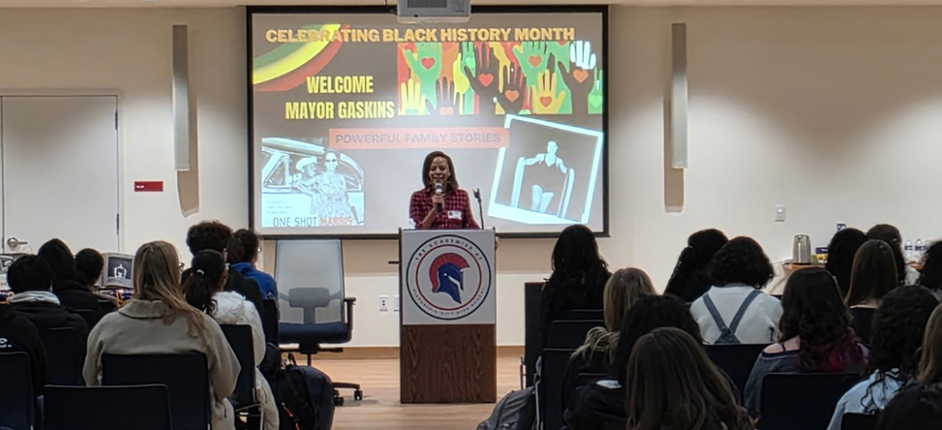 Mayor Alyia Gaskins addresses students during a Black History Month event in the Forum at Minnie Howard.