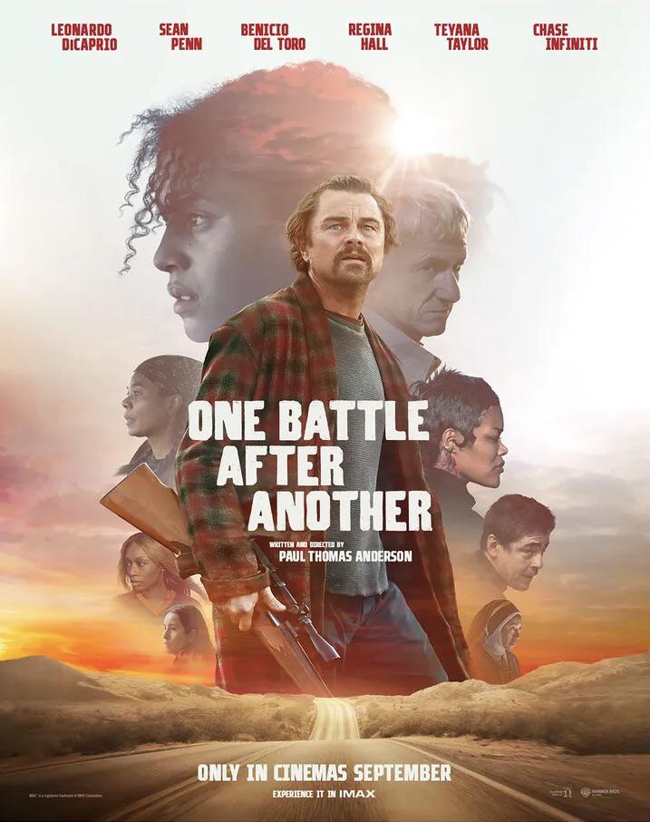 One Battle After Another official movie poster features Leonardo DiCaprio, Teyana Taylor, Sean Penn, Chase Infiniti, Benicio del Toro, Regina Hall, Alana Haim, and Junglepussy. Movie poster courtesy of Warner Bros. Pictures