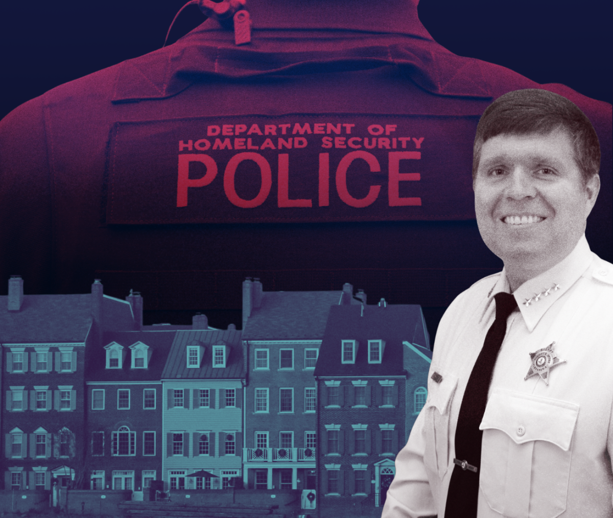Sheriff Sean Casey, who groups such as ICE out of Alexandria have accused of voluntarily cooperating with ICE. / Photo courtesy of Alexandria City, graphic by Rozalia Finkelstein