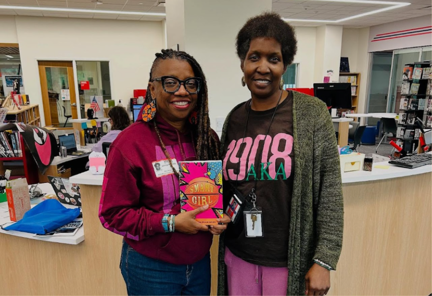 Minnie Howard Librarian LaGina Gross (right) hosted the virtual event in the Minnie Howard Library. While Miles (left) joined over zoom, she sent each student a free copy of her memoir. / Courtesy of La'Tonya Rease Miles, Ph.D.