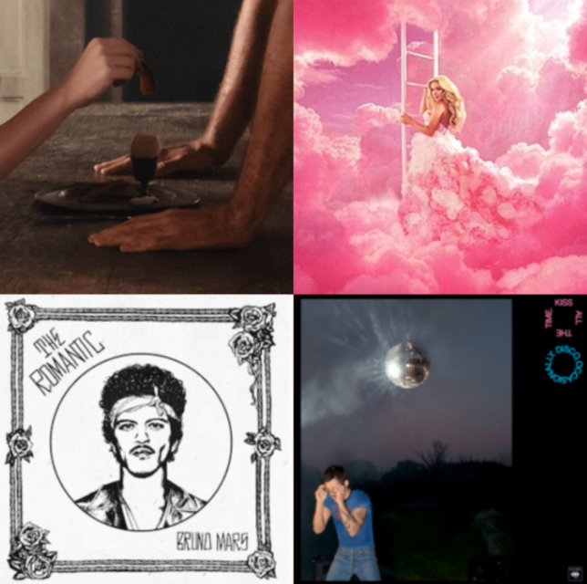 Albums from left to right, top to bottom, "Wuthering Heights," "Cloud 9," "The Romantic," "Kiss All The Time, Disco Occasionally." / Graphic by Caroline Schofield