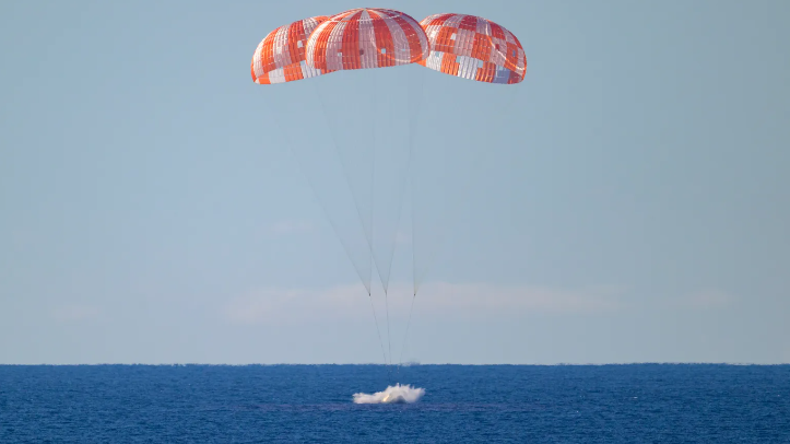 Picture of the Orion spacecraft with the Artemis II crew inside splashing down off the coast of San Diego, Calif. (Photo courtesy of NASA)